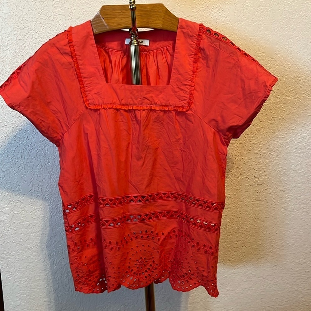 MADEWELL ~ Women’s Coral Eyelet Short Sleeve Cotton Top with Square Neckline